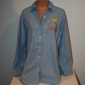 Warner Bros Looney Tunes Tweety Bird Denim Pocket Button Down Shirt Medium Jean